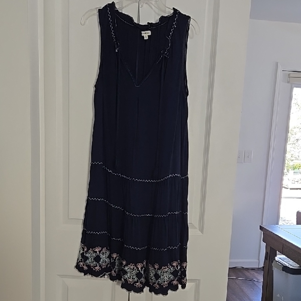 Max Studio Navy Midi Dress with Embroidered Hem. Medium.